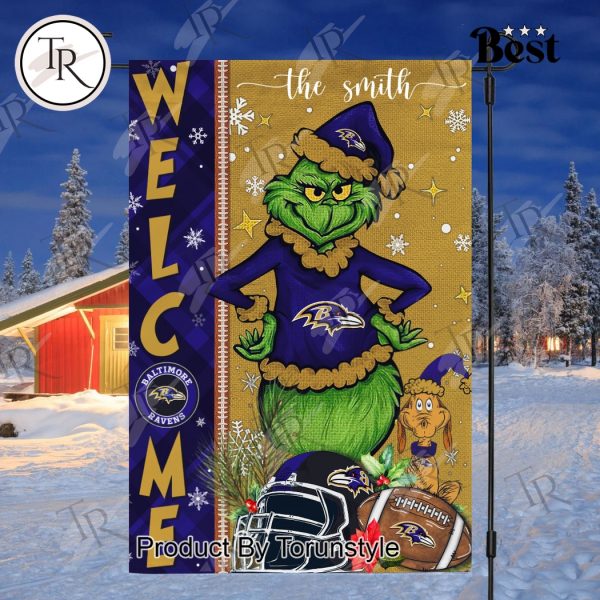 NFL Baltimore Ravens Football Grinch Welcome Christmas Garden Flag – Custom Name