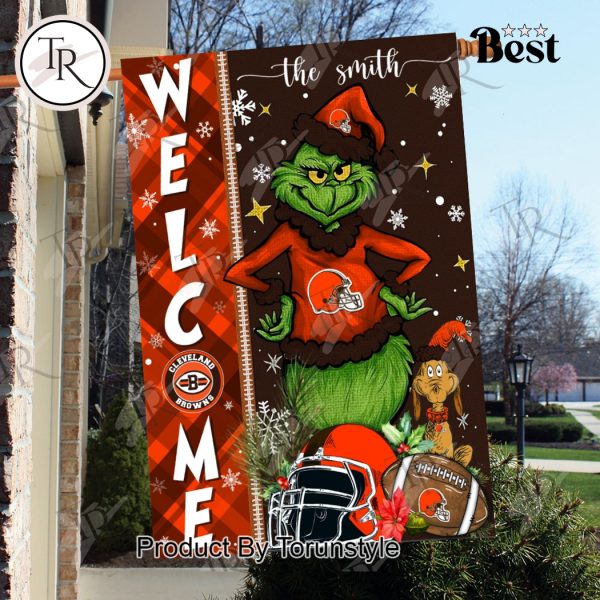 NFL Cleveland Browns Football Grinch Welcome Christmas Garden Flag – Custom Name