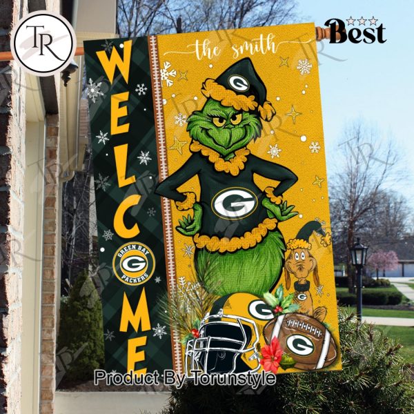 NFL Green Bay Packers Football Grinch Welcome Christmas Garden Flag – Custom Name