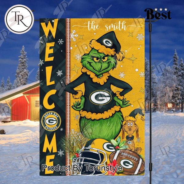 NFL Green Bay Packers Football Grinch Welcome Christmas Garden Flag – Custom Name