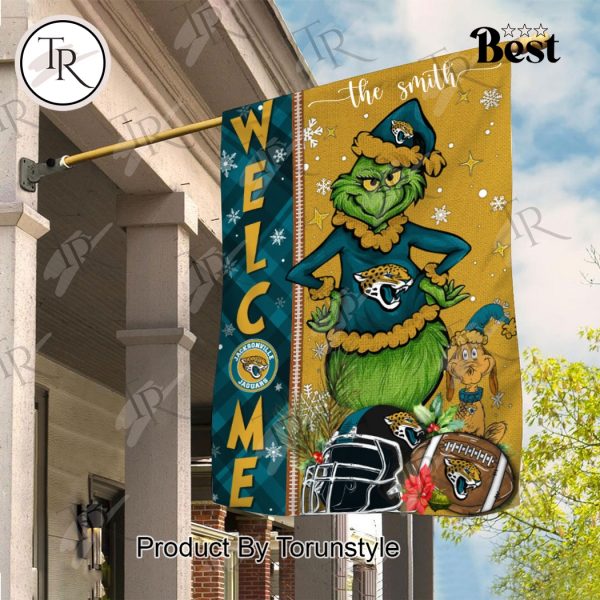 NFL Jacksonville Jaguars Football Grinch Welcome Christmas Garden Flag – Custom Name