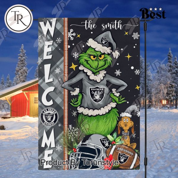 NFL Las Vegas Raiders Football Grinch Welcome Christmas Garden Flag – Custom Name