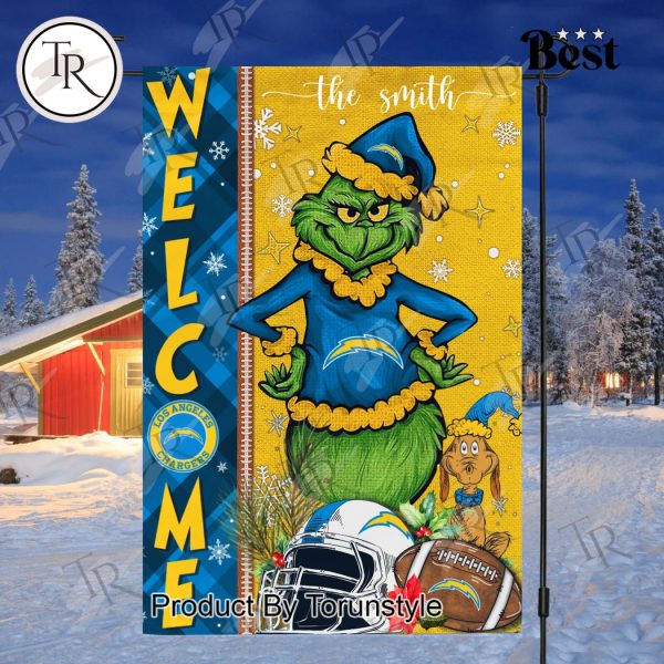 NFL Los Angeles Chargers Football Grinch Welcome Christmas Garden Flag – Custom Name