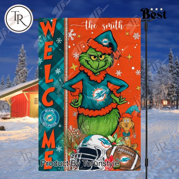 NFL Miami Dolphins Football Grinch Welcome Christmas Garden Flag – Custom Name