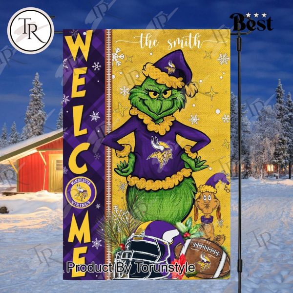 NFL Minnesota Vikings Football Grinch Welcome Christmas Garden Flag – Custom Name