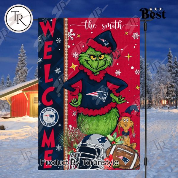 NFL New England Patriots Football Grinch Welcome Christmas Garden Flag – Custom Name