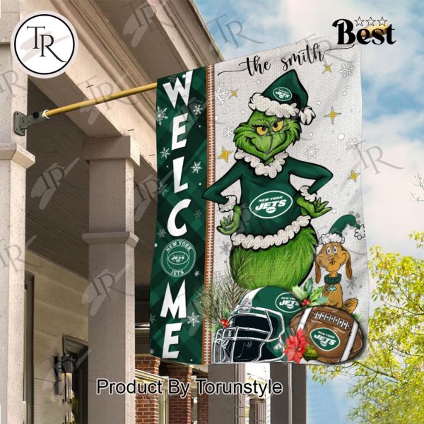 NFL New York Jets Football Grinch Welcome Christmas Garden Flag – Custom Name