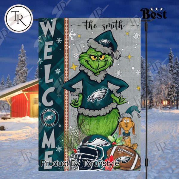 NFL Philadelphia Eagles Football Grinch Welcome Christmas Garden Flag – Custom Name