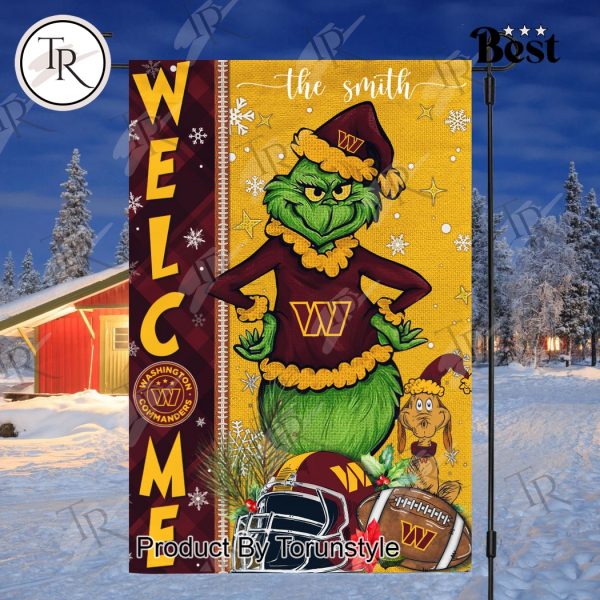 NFL Washington Commanders Football Grinch Welcome Christmas Garden Flag – Custom Name