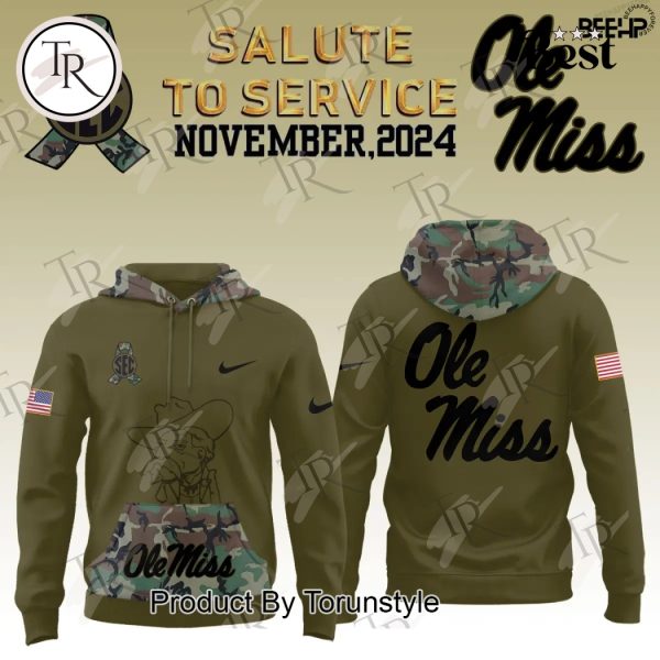 Ole Miss Rebels Camo 2024 Salute to Service Combo Hoodie, Longpants, Cap