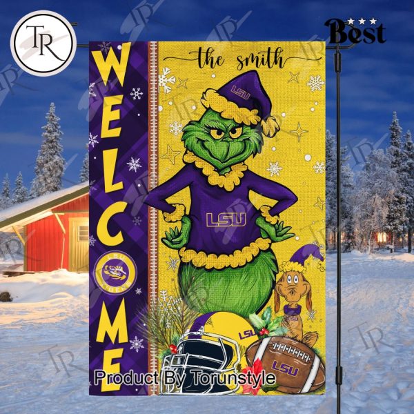 NCAA LSU Tigers Football Grinch Welcome Christmas Garden Flag – Custom Name