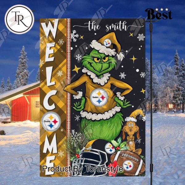 NFL Pittsburgh Steelers Football Grinch Welcome Christmas Garden Flag – Custom Name