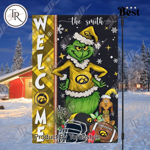 NCAA Iowa Hawkeyes Football Grinch Welcome Christmas Garden Flag – Custom Name