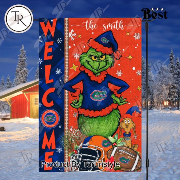 NCAA Florida Gators Football Grinch Welcome Christmas Garden Flag – Custom Name