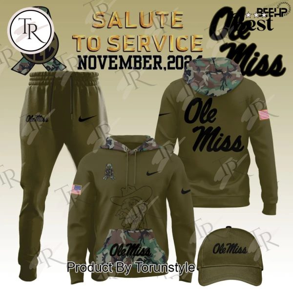 Ole Miss Rebels Camo 2024 Salute to Service Combo Hoodie, Longpants, Cap