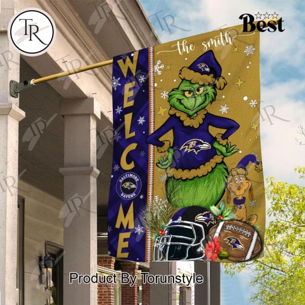 NFL Baltimore Ravens Football Grinch Welcome Christmas Garden Flag – Custom Name