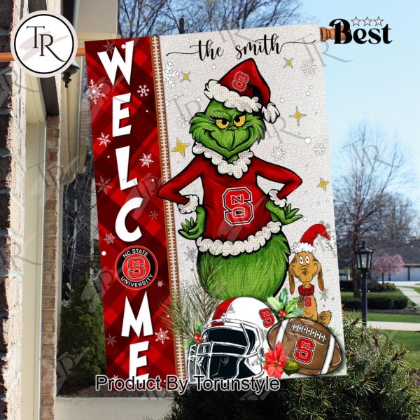 NCAA NC State Wolfpack Football Grinch Welcome Christmas Garden Flag – Custom Name