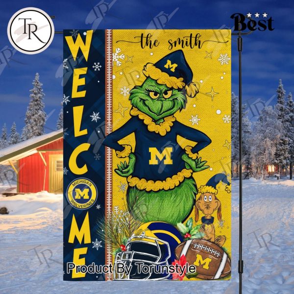 NCAA Michigan Wolverines Football Grinch Welcome Christmas Garden Flag – Custom Name