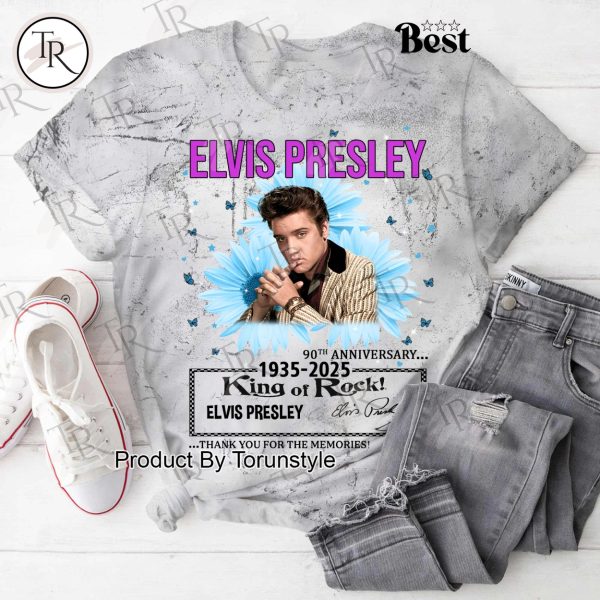 Elvis Presley 90th Anniversary 1935-2025 King Of Rock Thank You For The Memories T-Shirt – Grey