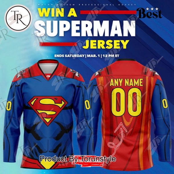 Macon Mayhem Win A Superman 2025 Special Edition Custom Name Hockey Jersey