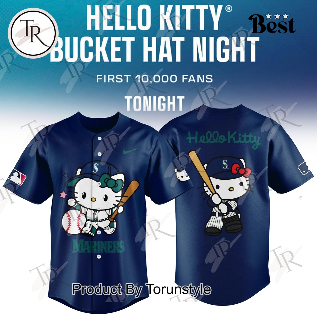 Seattle Mariners Hello Kitty Bucket Hat Night First 10.000 Fans Tonight Limited Edition Baseball Jersey - Blue Seattle Mariners Hello Kitty Bucket Hat Night First 10.000 Fans Tonight Limited Edition Baseball Jersey - Blue