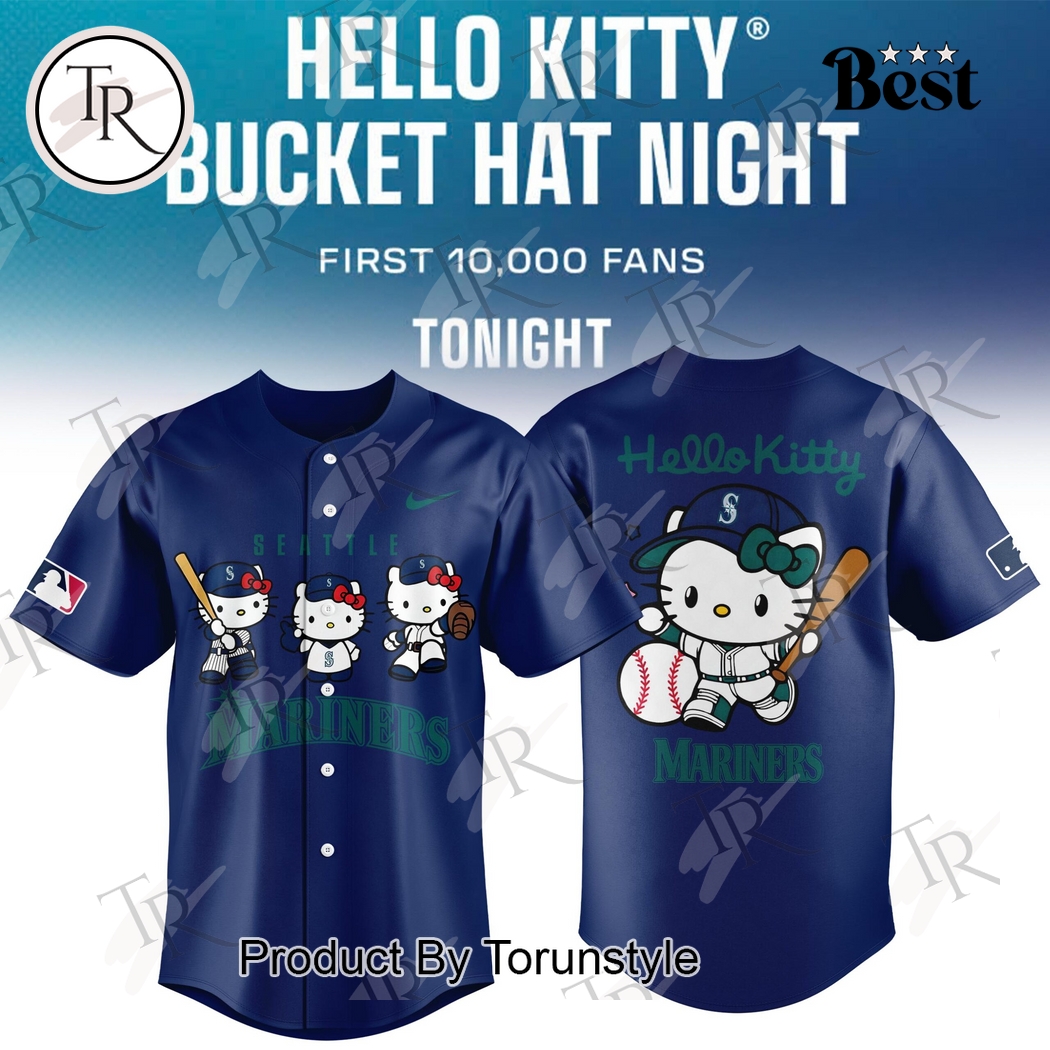 Seattle Mariners Hello Kitty Bucket Hat Night Special Edition Baseball Jersey - Blue Seattle Mariners Hello Kitty Bucket Hat Night Special Edition Baseball Jersey - Blue
