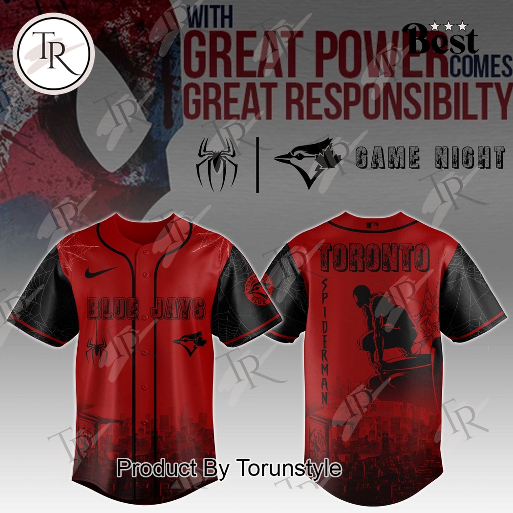 Toronto Blue Jays X Spiderman With Great Power Comes Great Responsibilty Game Night 2025 Baseball Jersey Toronto Blue Jays X Spiderman With Great Power Comes Great Responsibilty Game Night 2025 Baseball Jersey