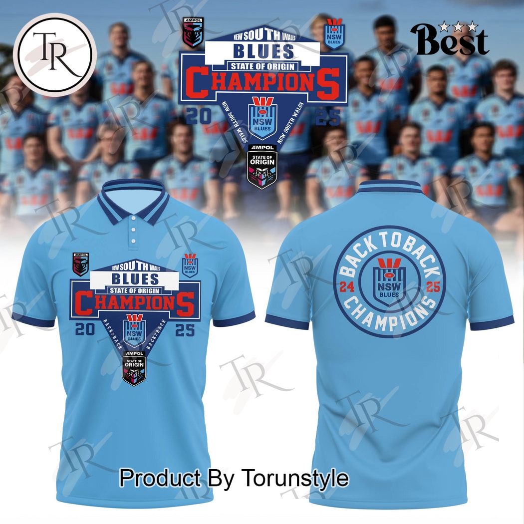 2025 New South Wales Blues State Of Origin Champions Back To Back Polo Shirt 2025 New South Wales Blues State Of Origin Champions Back To Back Polo Shirt