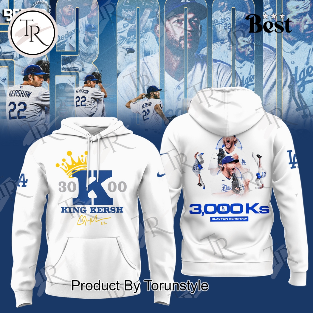 3000 King Strikeout Clayton Kershaw X Los Angeles Dodgers  Edition Hoodie – White