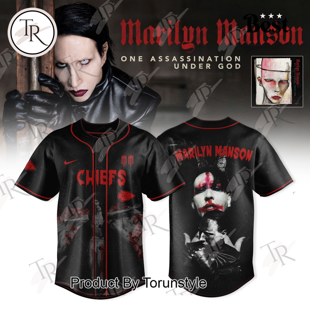 Kansas City Chiefs X Marilyn Manson Tour 2025 One Assassination Under God Baseball Jersey Kansas City Chiefs X Marilyn Manson Tour 2025 One Assassination Under God Baseball Jersey