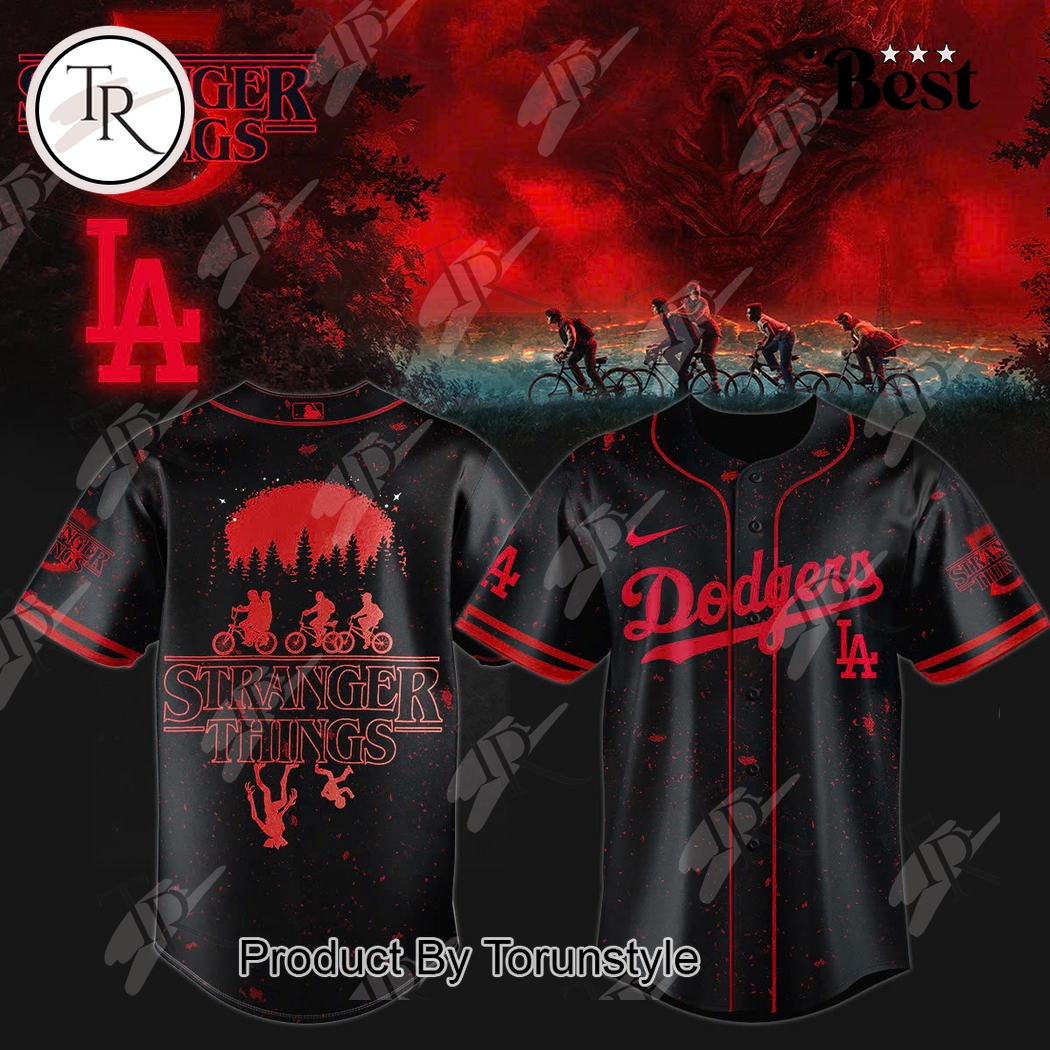 Los Angeles Dodgers X Stranger Things Black Red Special Edition Baseball Jersey Los Angeles Dodgers X Stranger Things Black Red Special Edition Baseball Jersey