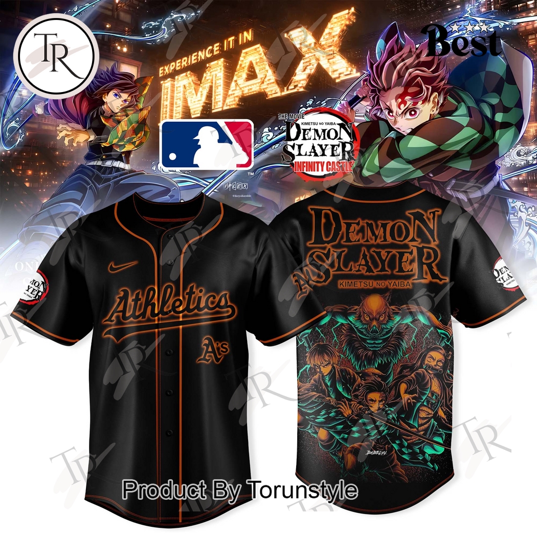 Oakland Athletics X The Movie Demon Slayer Infinity Castle Black Edition Baseball Jersey Oakland Athletics X The Movie Demon Slayer Infinity Castle Black Edition Baseball Jersey