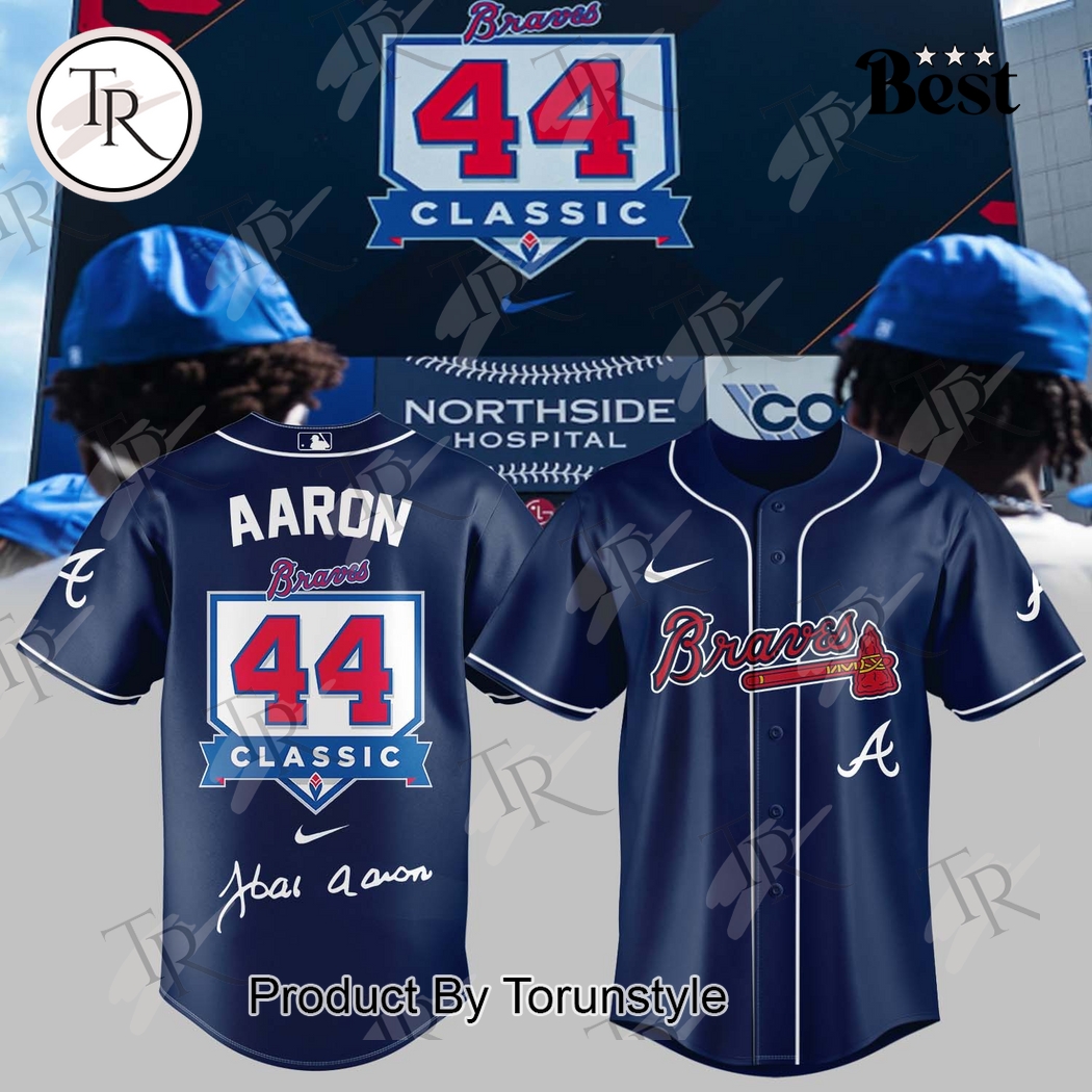Atlanta Braves x Hank Aaron 44 Classic Baseball Jersey - Blue Atlanta Braves x Hank Aaron 44 Classic Baseball Jersey - Blue