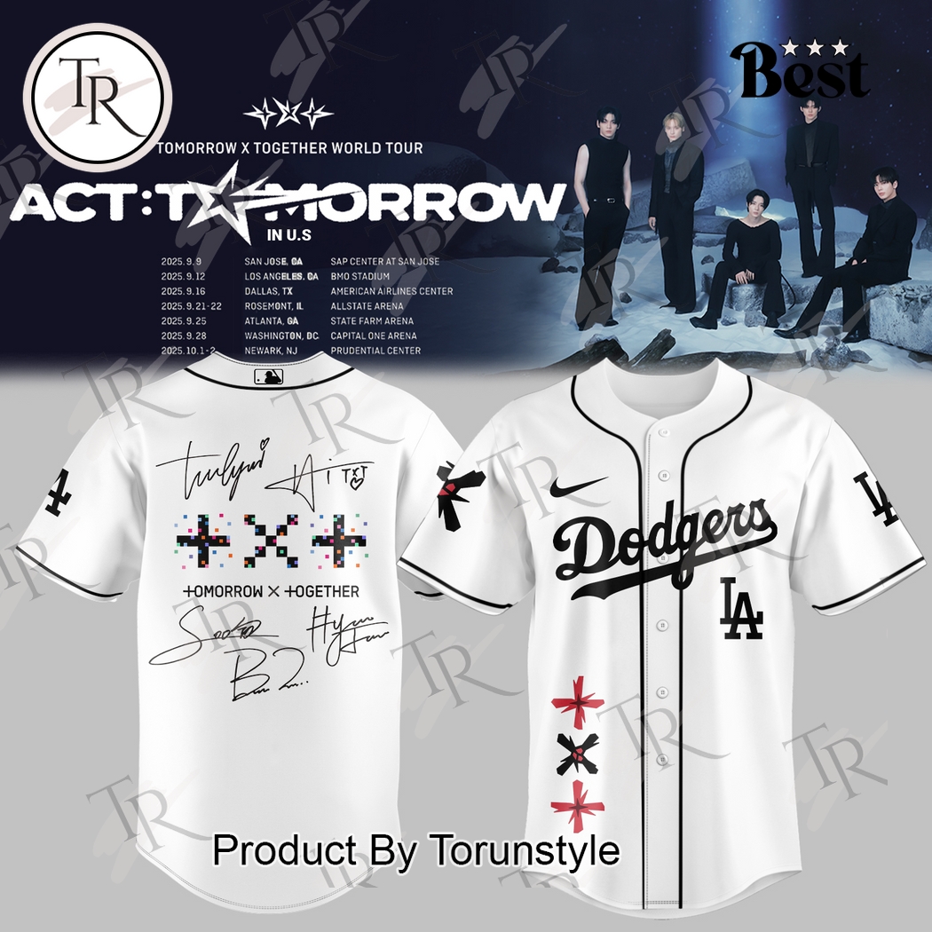 Los Angeles Dodgers VS Tomorrow X Together World Tour White Edition Baseball Jersey Los Angeles Dodgers VS Tomorrow X Together World Tour White Edition Baseball Jersey
