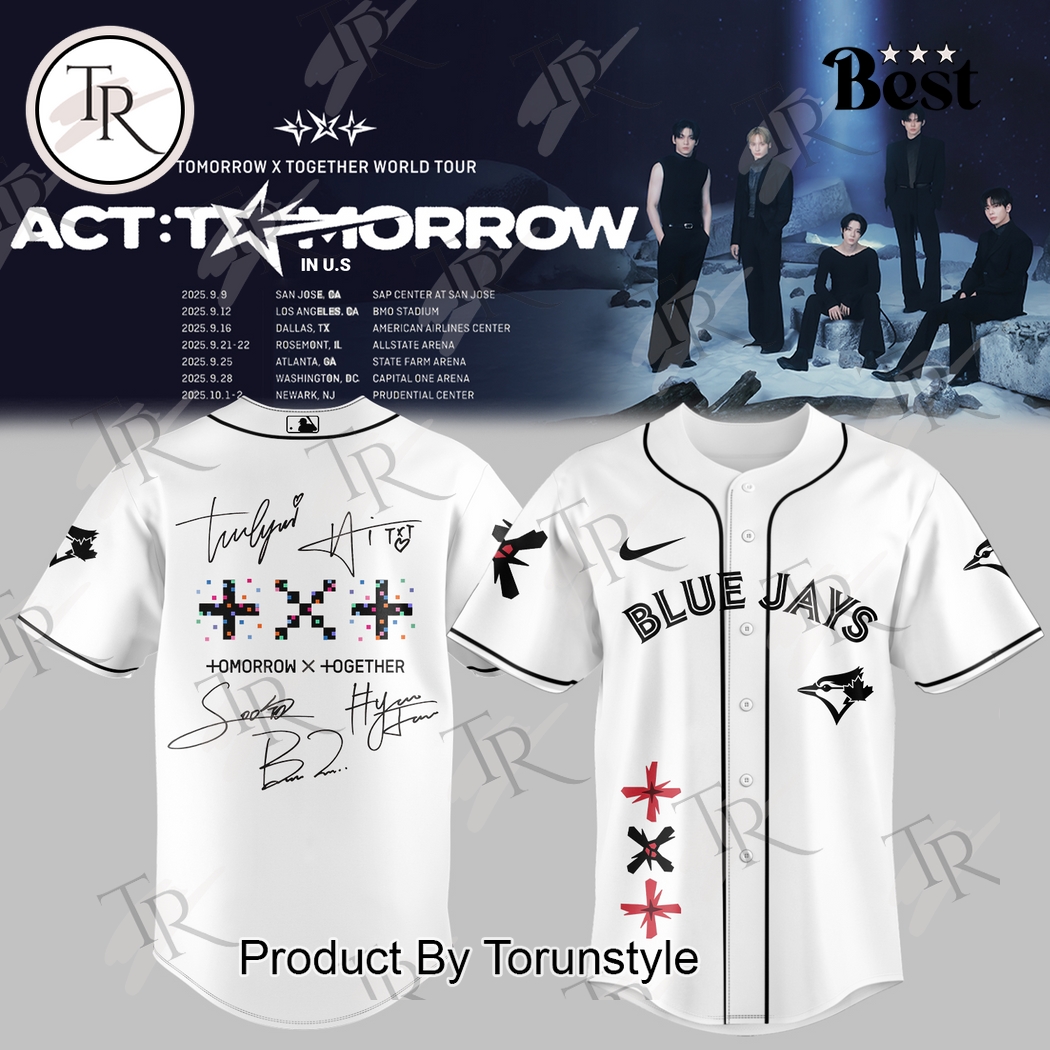 Toronto Blue Jays VS Tomorrow X Together World Tour White Edition Baseball Jersey Toronto Blue Jays VS Tomorrow X Together World Tour White Edition Baseball Jersey