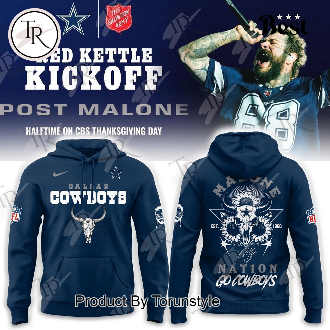 Dallas Cowboys X Post Malone Red Kettle Kickoff 2025 Hoodie Dallas Cowboys X Post Malone Red Kettle Kickoff 2025 Hoodie