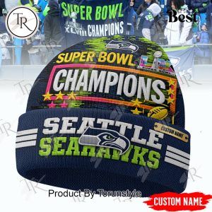 Seattle Seahawks Super Bowl LX Champs New Design Custom Name Beanie Hat