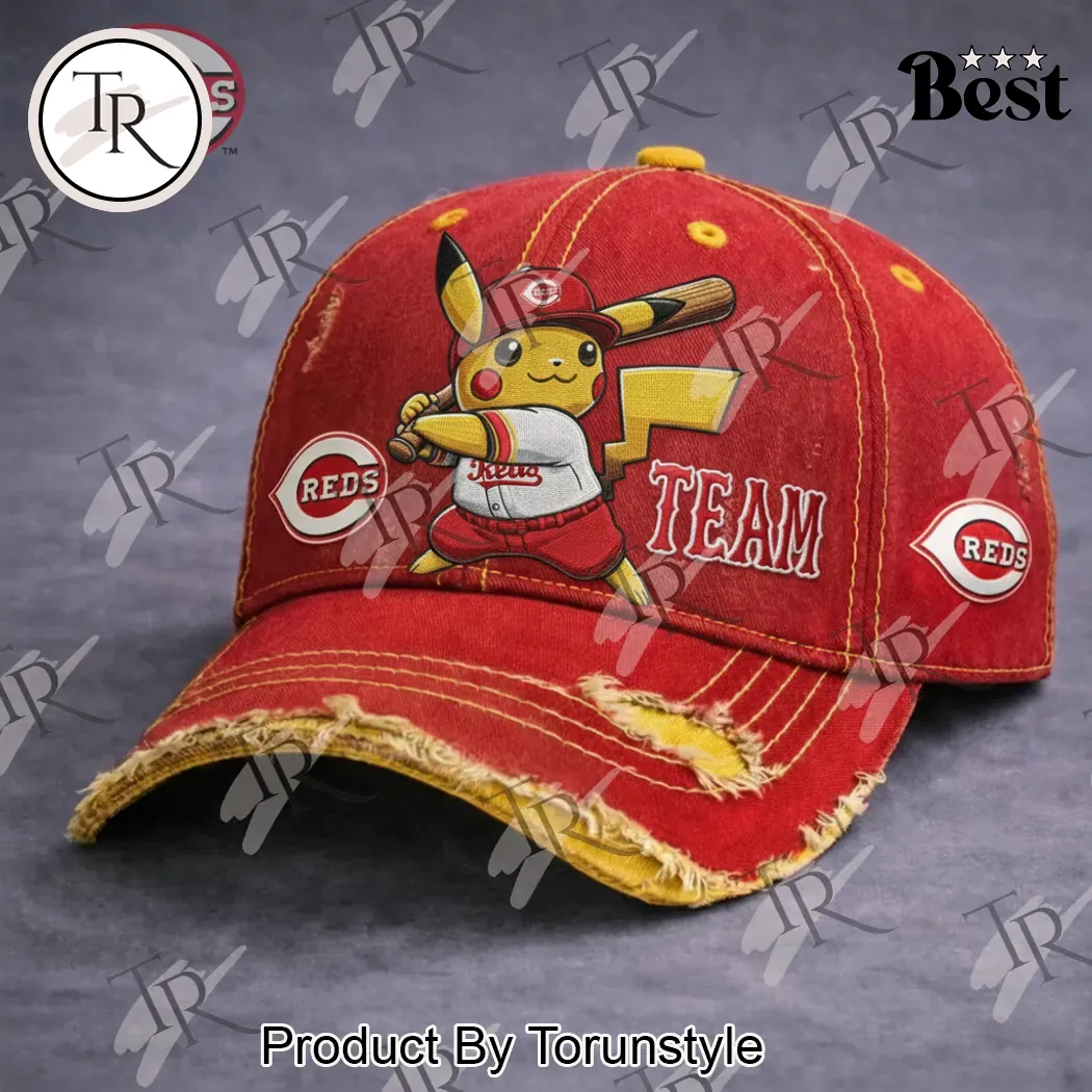 Cincinnati Reds Pikachu Distressed Vintage Baseball Cap Cincinnati Reds Pikachu Distressed Vintage Baseball Cap