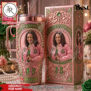 Alpha Kappa Alpha AKA Sorority Custom Photo Personalized Pink & Green Handled Tumbler