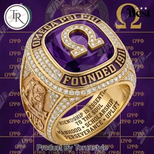 Omega Psi Phi Premium Gold Fraternity Ring with Diamond Accents and Purple Stone