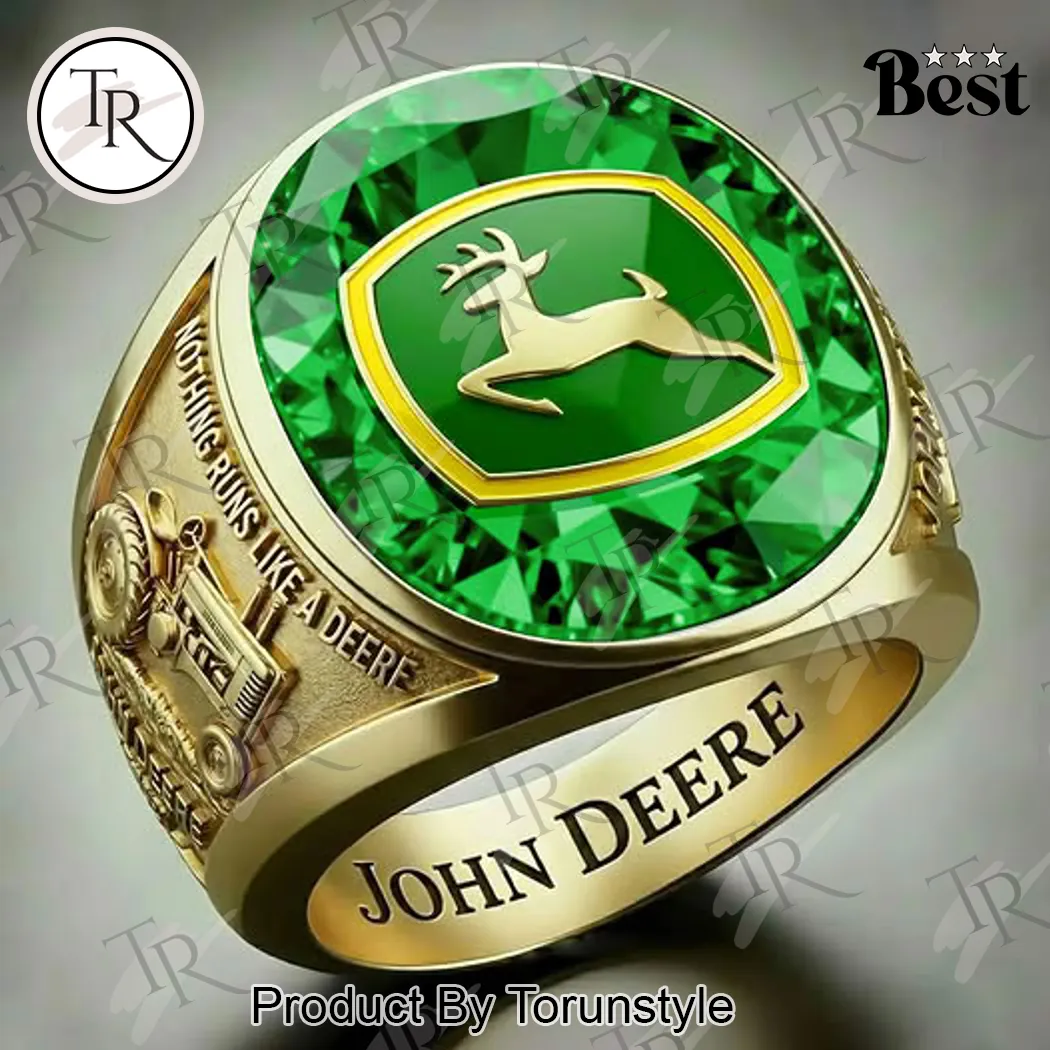 John Deere Men’s Gold Tone Green Stone Iconic Logo Ring John Deere Men’s Gold Tone Green Stone Iconic Logo Ring