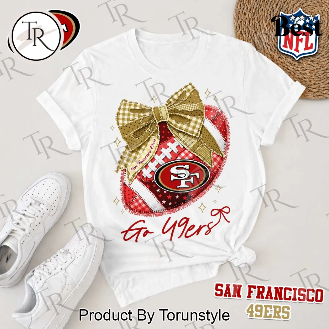 San Francisco 49ers Premium NFL Patchwork Heart Bow T-Shirt San Francisco 49ers Premium NFL Patchwork Heart Bow T-Shirt