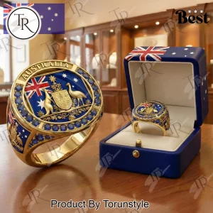 Premium Australian Flag Gold Plated Blue Sapphire Gemstone Ring