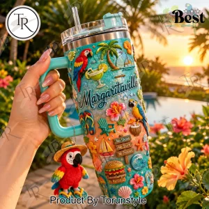 Jimmy Buffett Margaritaville Tropical Beach 3D Embossed Glitter Insulated 40oz Tumbler