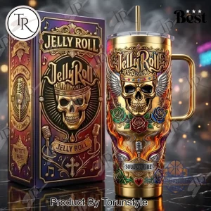 Jelly Roll Soul of Fire Gold Skull and Roses Premium Insulated Stainless Steel Tumbler with Handle