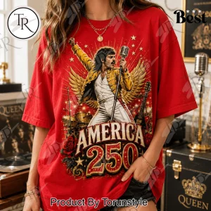 Queen Band America 250 Years Of Freedom Freddie Mercury Patriotic Red Graphic T-Shirt