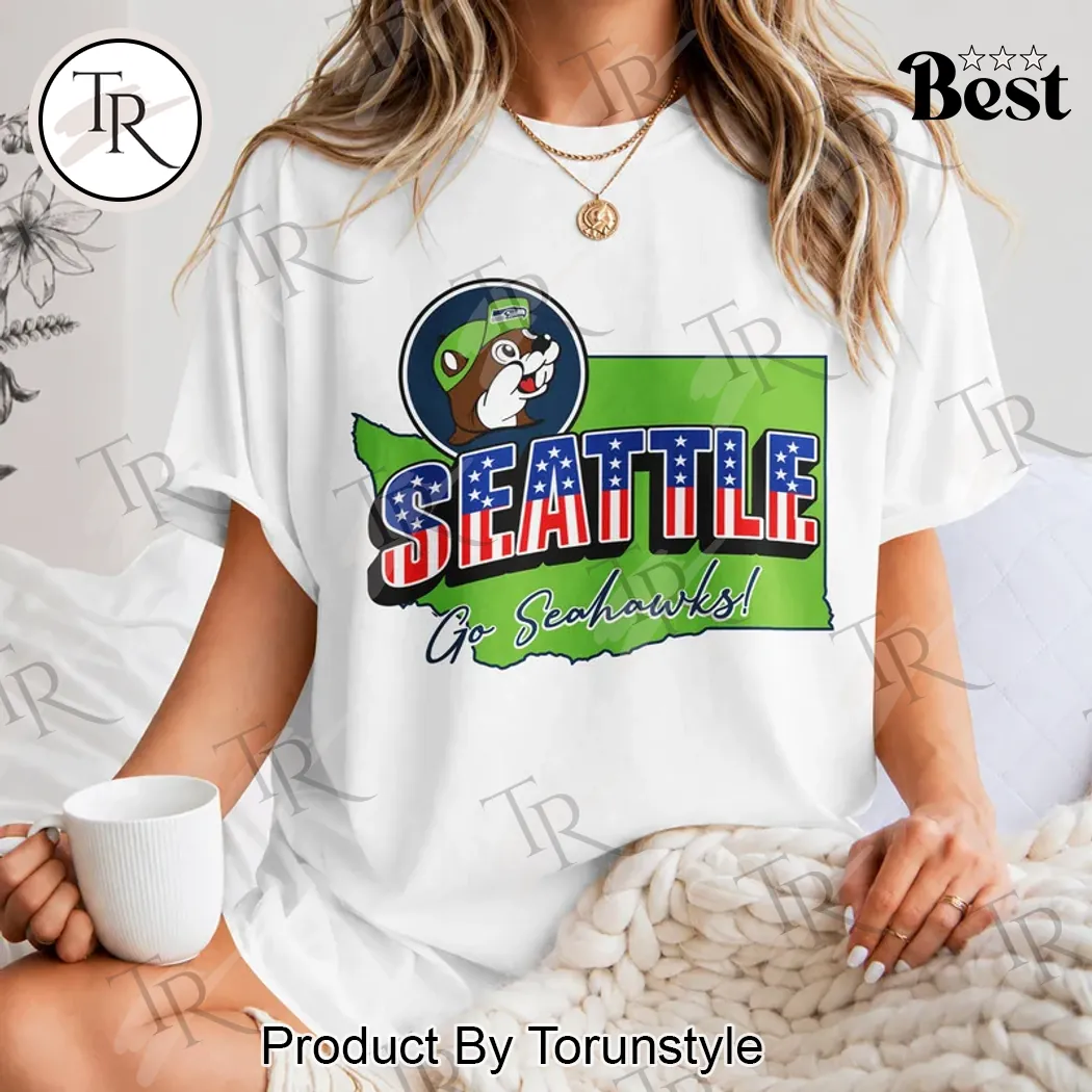 Seattle Seahawks Buc-ees Patriotic Washington State Map Graphic T-Shirt Seattle Seahawks Buc-ees Patriotic Washington State Map Graphic T-Shirt