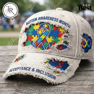 Autism Awareness Month Acceptance And Inclusion Distressed Vintage Puzzle Ribbon Baseball Cap
