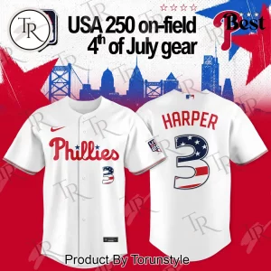 Philadelphia Phillies Bryce Harper USA 250 Commemorative 4th of July Patriotic Baseball Jersey
