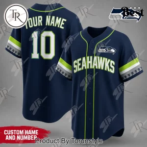 Seattle Seahawks Custom Name and Number Personalized Navy Blue Fan Gear Baseball Jersey